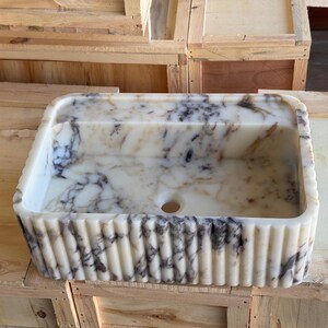 Handcarved Calacatta Viola marble fluted vessel sink by Marblyart, custom made to order — photo 3 of 11