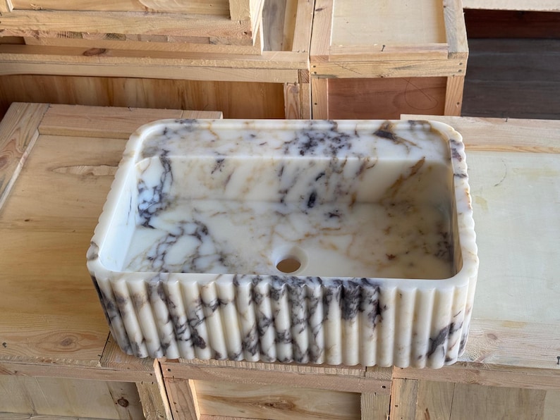 Handcarved Calacatta Viola marble fluted vessel sink by Marblyart, custom made to order — photo 3 of 11