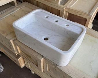 Handcarved Carrara Marble Sink, Modern Powder Room Vanity Basin