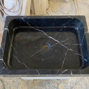 Handcarved Nero Marquina marble vessel sink by Marblyart, custom made to order — photo 4 of 13