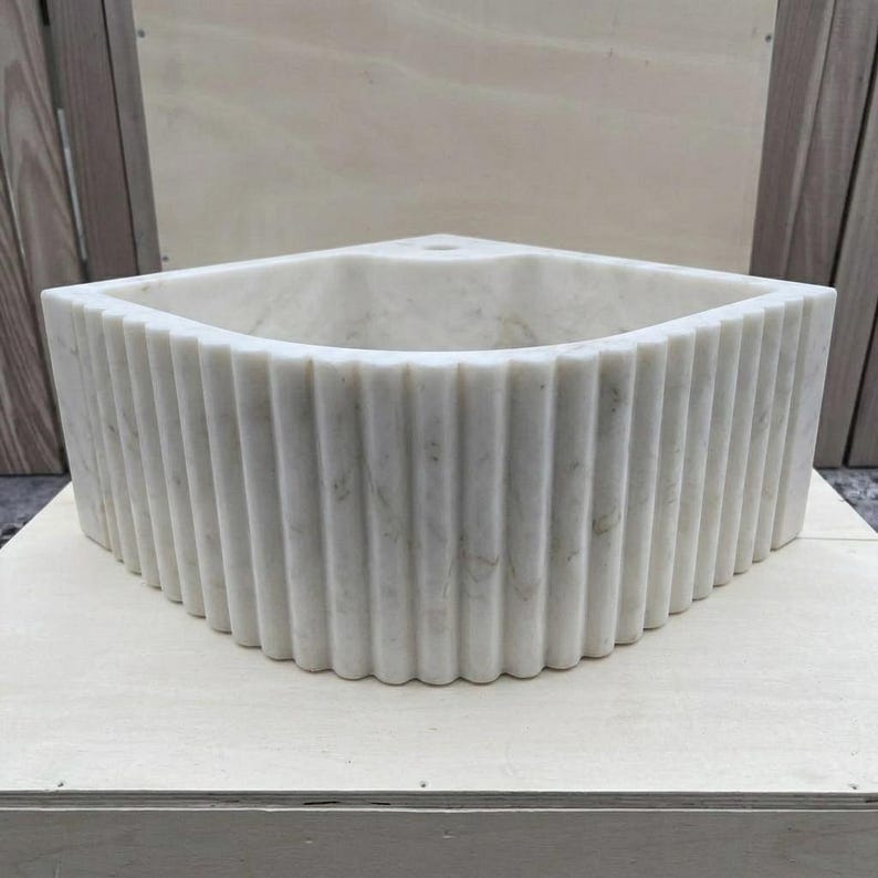 Handcarved Carrara marble fluted vessel sink by Marblyart, custom made to order — photo 3 of 13