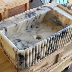 Handcarved Calacatta Viola marble fluted vessel sink by Marblyart, custom made to order — photo 8 of 11