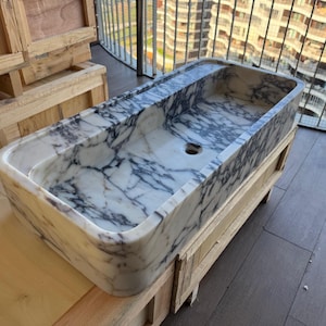 Handcarved Calacatta Viola marble vessel sink by Marblyart, custom made to order — photo 5 of 11