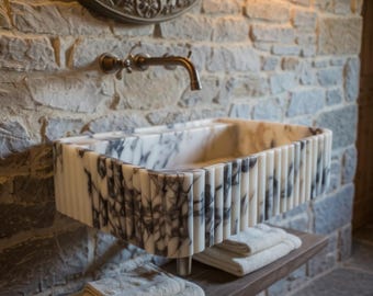 Custom Size Handcarved Calacatta Viola Marble Sink, Perfect for Bathroom Vanities or as a Vessel Sink. Luxurious,