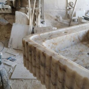 Handcarved Calacatta Gold marble double basin sink by Marblyart, custom made to order — photo 6 of 13