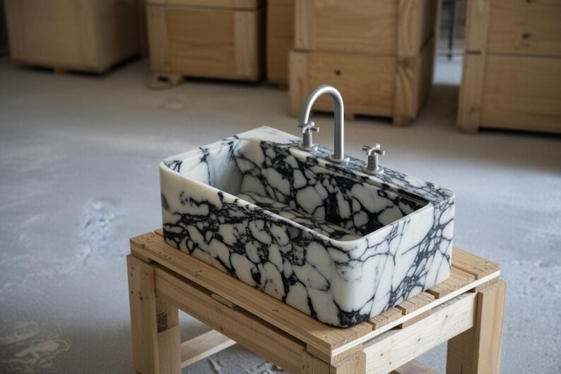 a black and white marble sink with a silver faucet, placed on a wooden stand.