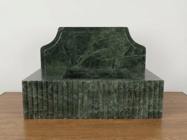 Handcarved Verde green marble wall mounted sink by Marblyart, custom made to order — photo 3 of 14