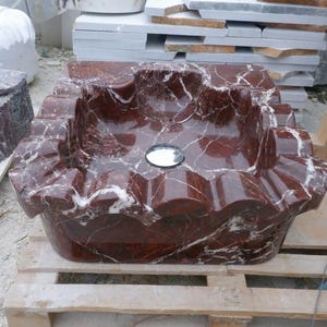 Handcarved Rosso Levanto marble floating vanity sink by Marblyart, custom made to order — photo 8 of 15