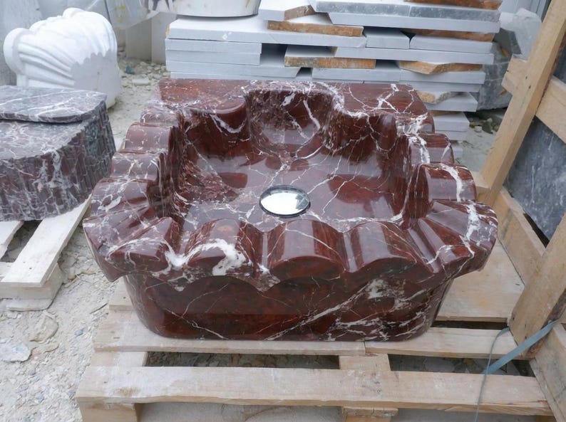 Handcarved Rosso Levanto marble floating vanity sink by Marblyart, custom made to order — photo 8 of 15