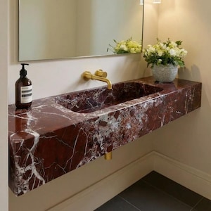 Handcarved Rosso Levanto marble floating vanity sink by Marblyart, custom made to order — photo 3 of 11