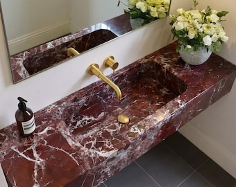 Flytande handfat i rött marmor, Rosso Levanto tvättställ, Modernt stenkommod, Väggmonterat handfat, Specialdesignat marmorhandfat, Handsnidat handfat