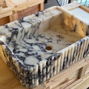 Handcarved Calacatta Viola marble vessel sink by Marblyart, custom made to order — photo 7 of 11