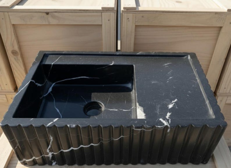 Handcarved Nero Marquina marble vessel sink by Marblyart, custom made to order — photo 11 of 12