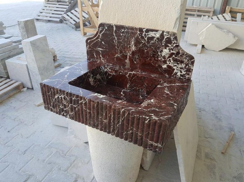 Handcarved Rosso Levanto marble wall mounted sink by Marblyart, custom made to order — photo 3 of 9