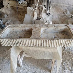 Handcarved Calacatta Gold marble double basin sink by Marblyart, custom made to order — photo 11 of 13