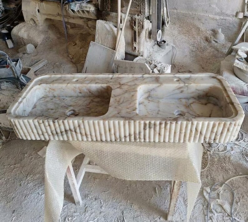 Handcarved Calacatta Gold marble double basin sink by Marblyart, custom made to order — photo 11 of 13