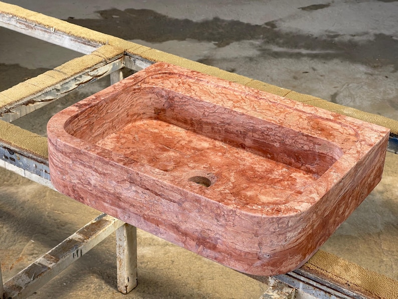 Handcarved red travertine marble vessel sink by Marblyart, custom made to order — photo 2 of 15