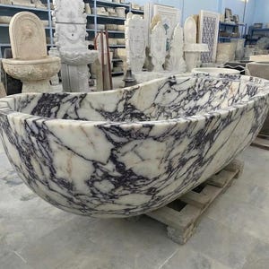 Handcarved Calacatta Viola marble freestanding bathtub by Marblyart, custom made to order — photo 13 of 13