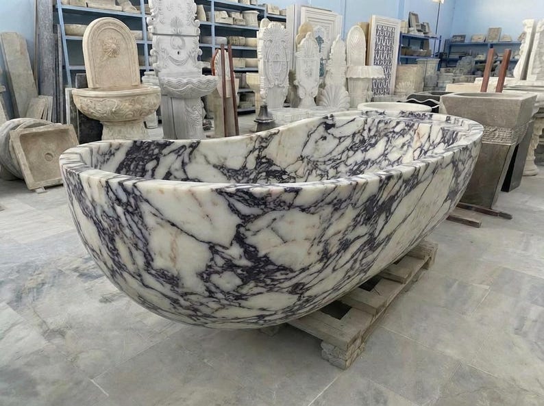 Handcarved Calacatta Viola marble freestanding bathtub by Marblyart, custom made to order — photo 13 of 13