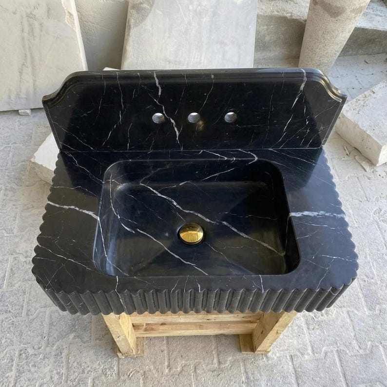 Nero Marquina Marble square vessel sink — front view (photo 12)