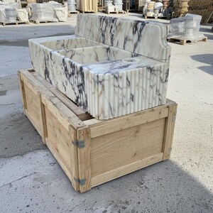 Handcarved Calacatta Viola marble vessel sink by Marblyart, custom made to order — photo 8 of 11