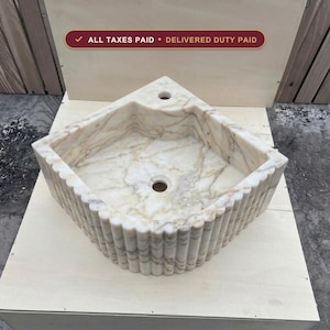 Handcarved Calacatta Gold marble fluted vessel sink by Marblyart, custom made to order — photo 1 of 17