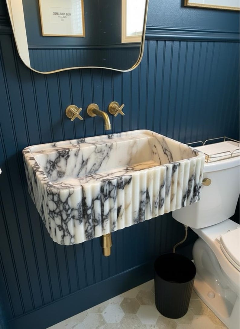 Handcarved Calacatta Viola marble wall mounted sink by Marblyart, custom made to order — photo 2 of 11
