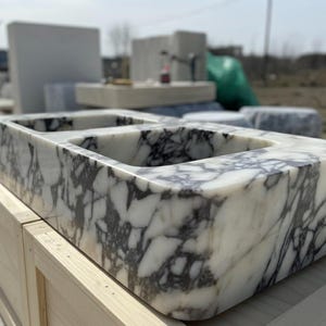 Handcarved Calacatta Viola marble double basin sink by Marblyart, custom made to order — photo 7 of 12