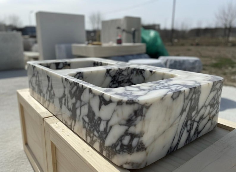 Handcarved Calacatta Viola marble double basin sink by Marblyart, custom made to order — photo 7 of 12
