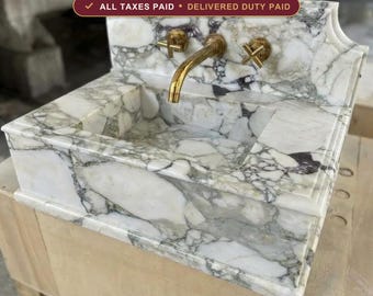 Lavabo de mármol Monet Calacatta verde con protector contra salpicaduras, lavabo de piedra estriada, lavabo de pared, tocador de piedra natural personalizado