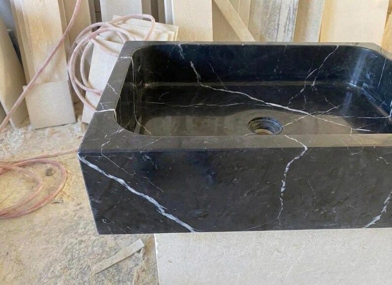 Handcarved Nero Marquina marble vessel sink by Marblyart, custom made to order — photo 7 of 13