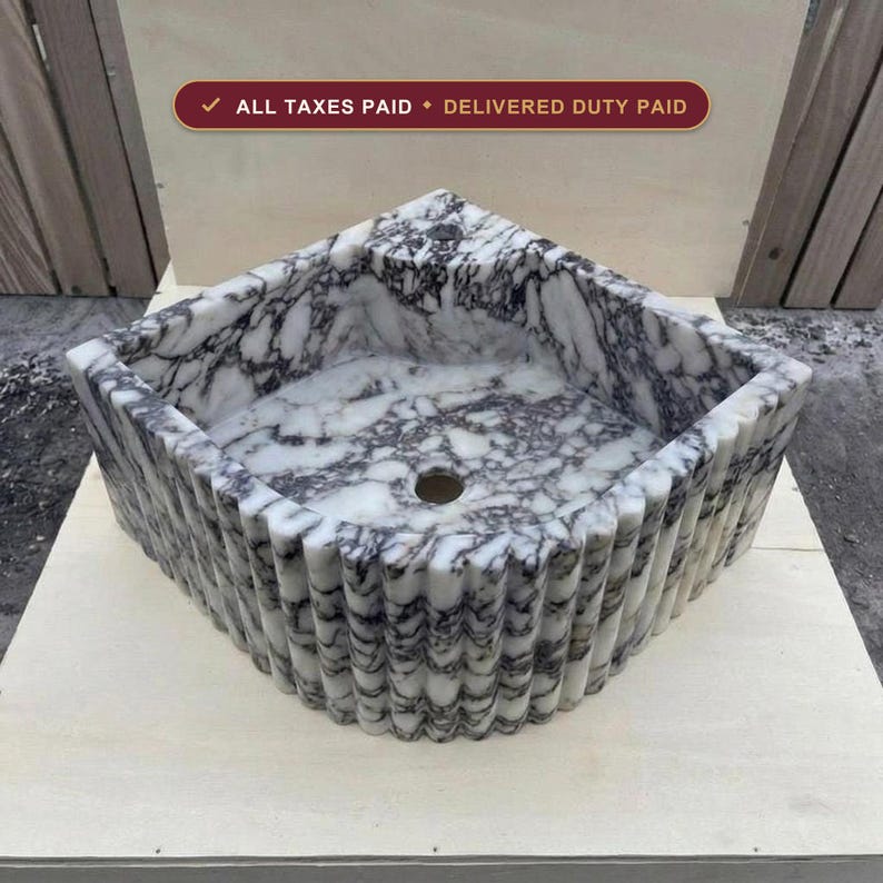 Handcarved Calacatta Viola marble fluted vessel sink by Marblyart, custom made to order — photo 1 of 16