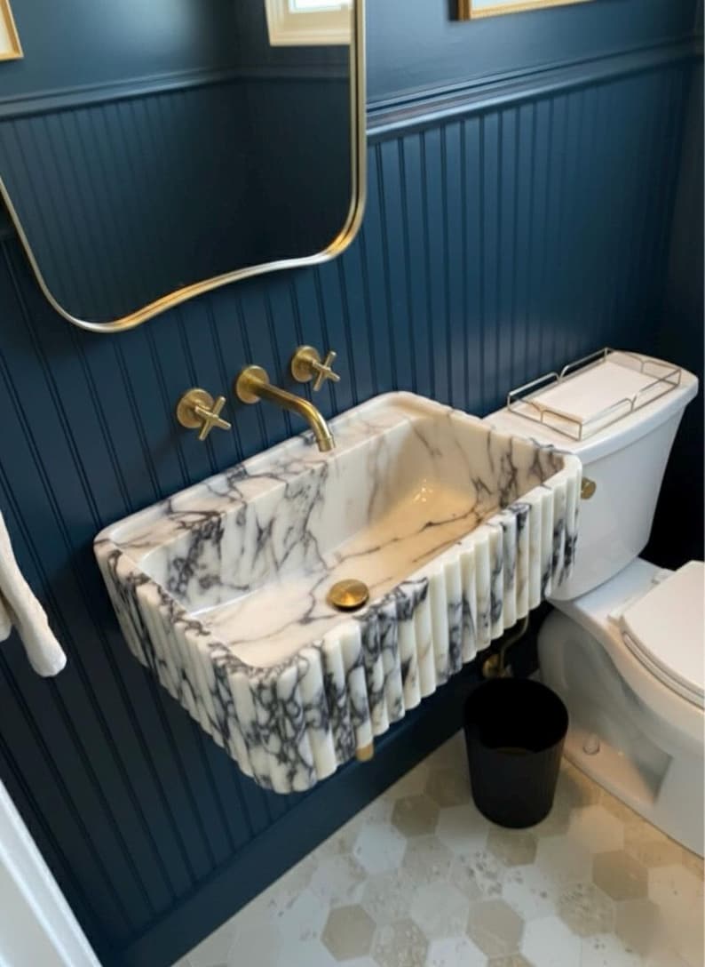 Handcarved Calacatta Viola marble wall mounted sink by Marblyart, custom made to order — photo 7 of 11