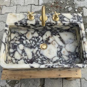 Handcarved Calacatta Viola marble vessel sink by Marblyart, custom made to order — photo 9 of 12