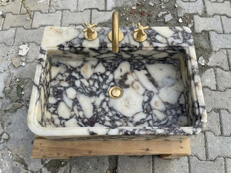 Handcarved Calacatta Viola marble vessel sink by Marblyart, custom made to order — photo 9 of 12