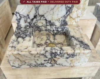 Natural Stone Wall Sink, Floating Marble Vanity Top, Scalloped Backsplash Basin, Modern Farmhouse Bathroom, Hand Carved Stone Sink
