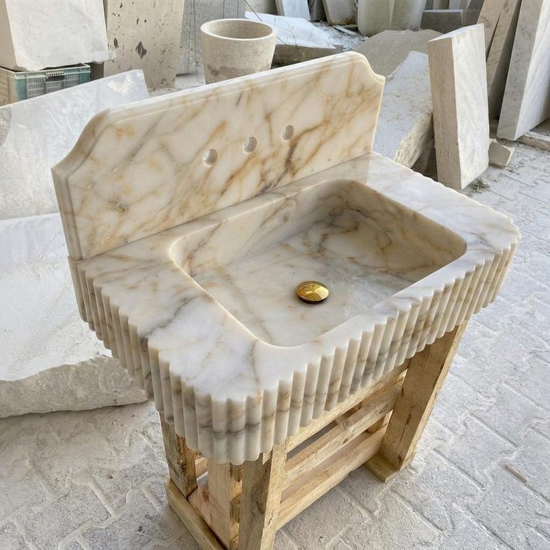 Calacatta Gold Marble square vessel sink — isometric three-quarter view (photo 8)