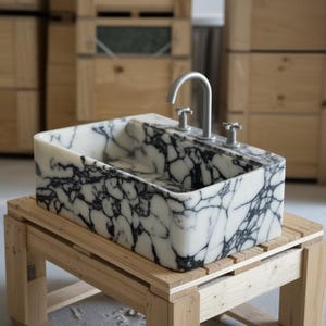 May include: Rectangular marble sink with a black and white veined pattern. The sink has a stainless steel tap and two knobs. It is set on a wooden pallet. The sink is a bathroom fixture.