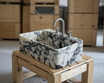 Lavabo de mármol tallado a mano de tamaño personalizado, para tocador de baño o como lavabo de vasija.