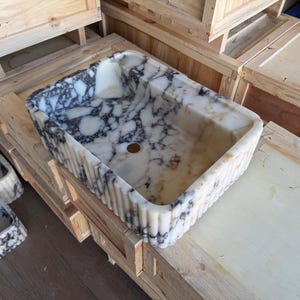 Handcarved Calacatta Viola marble vessel sink by Marblyart, custom made to order — photo 2 of 11