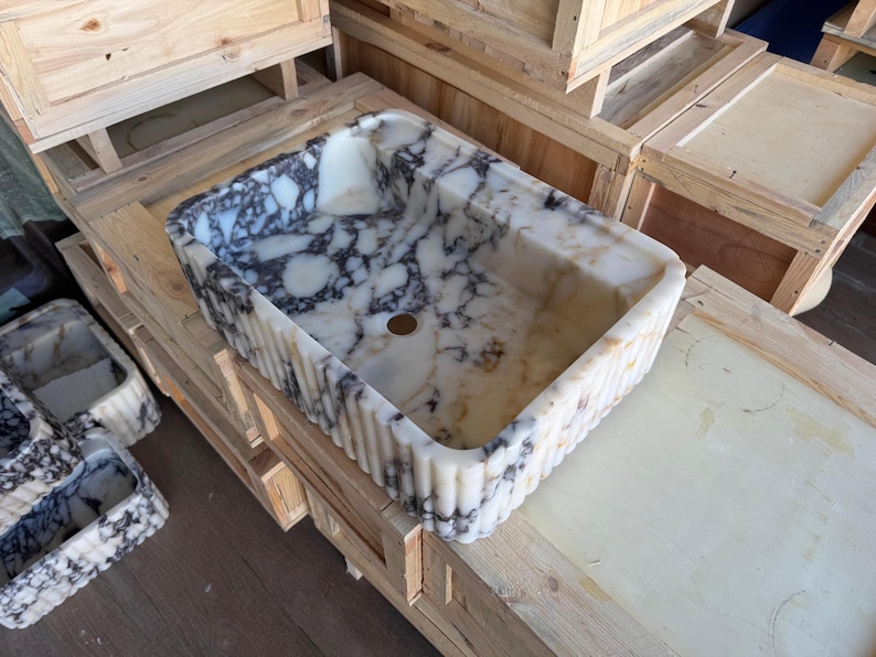 Handcarved Calacatta Viola marble vessel sink by Marblyart, custom made to order — photo 2 of 11