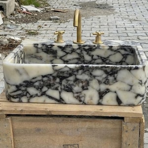 Handcarved Calacatta Viola marble vessel sink by Marblyart, custom made to order — photo 6 of 12