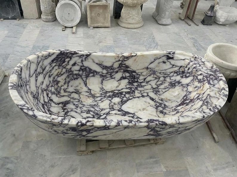 Handcarved Calacatta Viola marble freestanding bathtub by Marblyart, custom made to order — photo 3 of 13