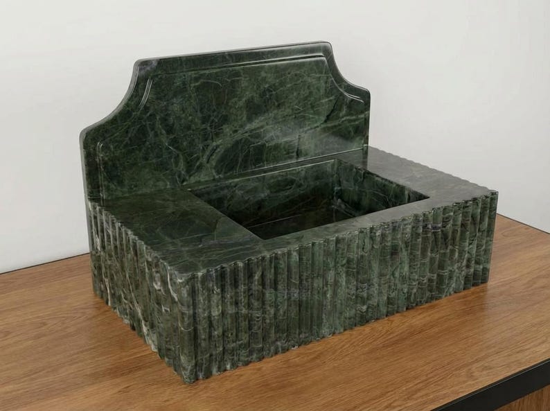 Handcarved Verde green marble wall mounted sink by Marblyart, custom made to order — photo 2 of 14