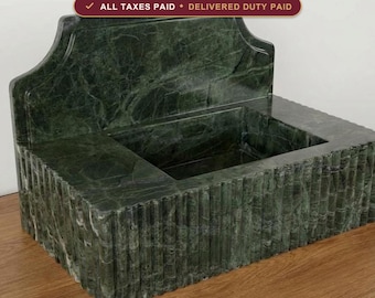 Lavabo de mármol verde con protector contra salpicaduras, lavabo de piedra estriada, lavabo de pared, tocador de piedra natural personalizado
