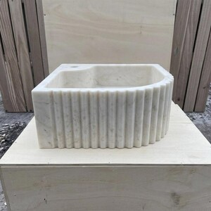Handcarved Carrara marble fluted vessel sink by Marblyart, custom made to order — photo 4 of 13