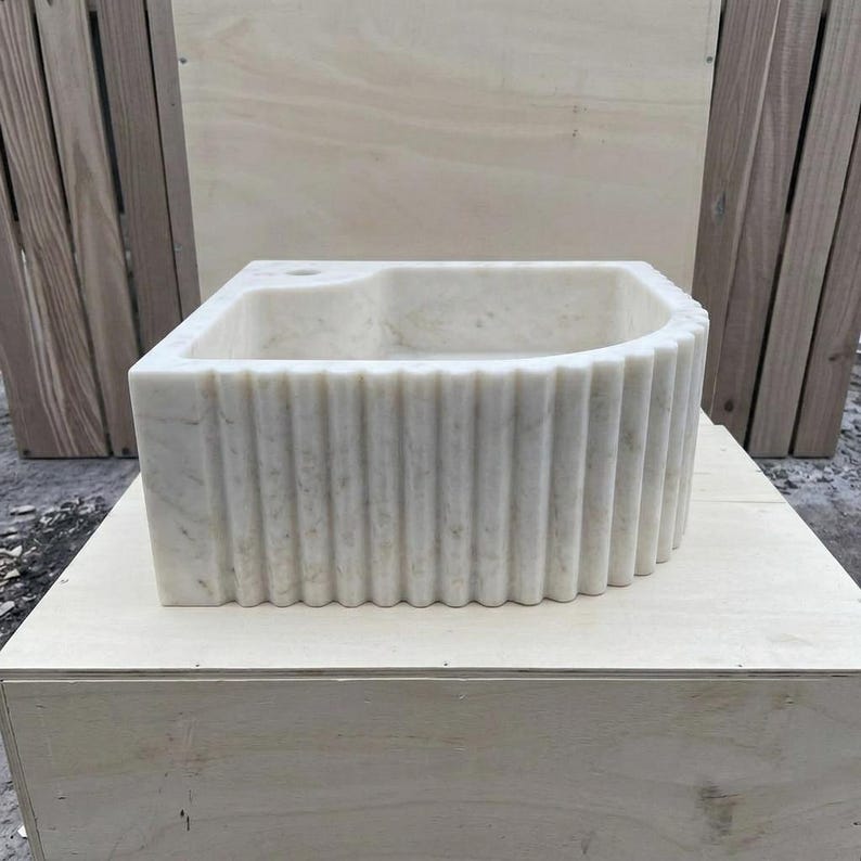 Handcarved Carrara marble fluted vessel sink by Marblyart, custom made to order — photo 4 of 13