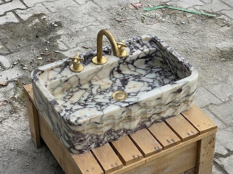 Handcarved Calacatta Viola marble wall mounted sink by Marblyart, custom made to order — photo 11 of 15