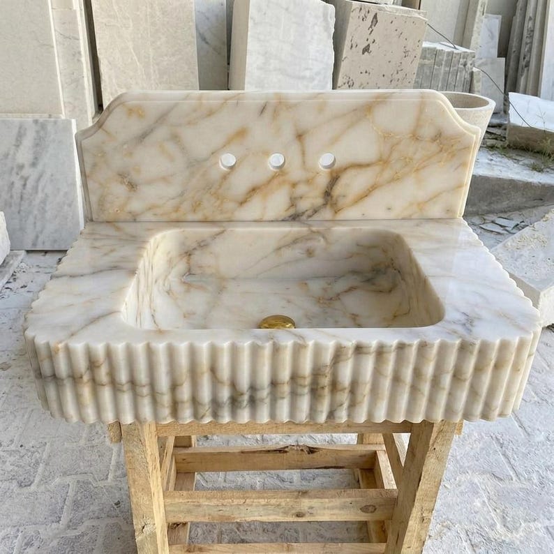 Calacatta Gold Marble square vessel sink — eye-level view (photo 20)