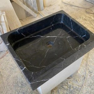Handcarved Nero Marquina marble vessel sink by Marblyart, custom made to order — photo 9 of 13